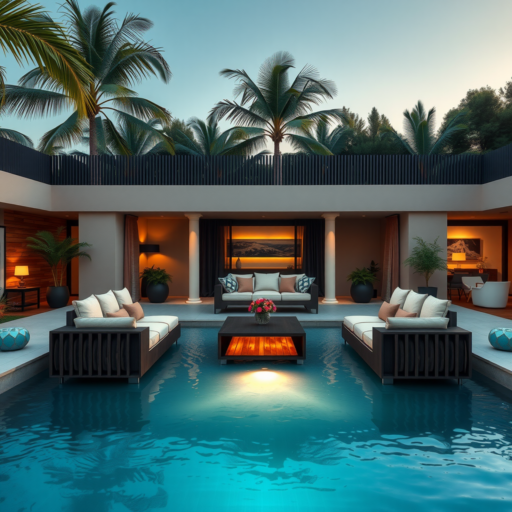 Executive retreat with intimate poolside meeting setup, comfortable seating arrangements and professional atmosphere