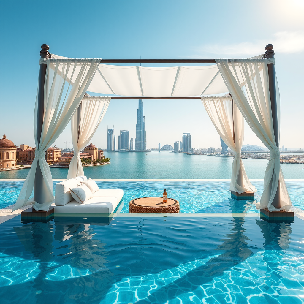 Daytime view of luxury private cabana with white draping, plush seating, and crystal-clear infinity swimming pool with Dubai skyline in bright sunlight