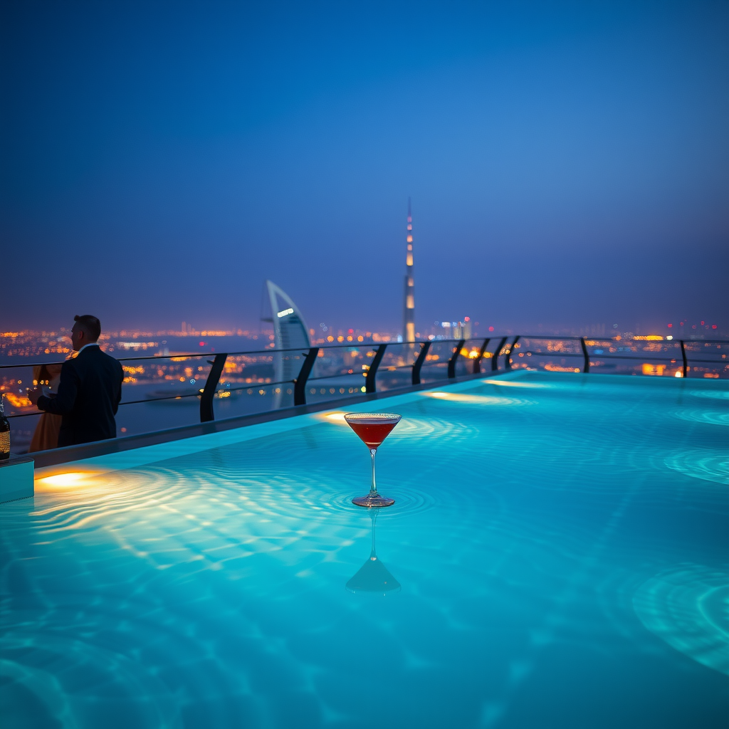 Atmospheric evening scene at Sky Aura Pool showing the infinity pool illuminated with ambient lighting, cocktail service in progress, and Dubai's skyline twinkling in the background during blue hour