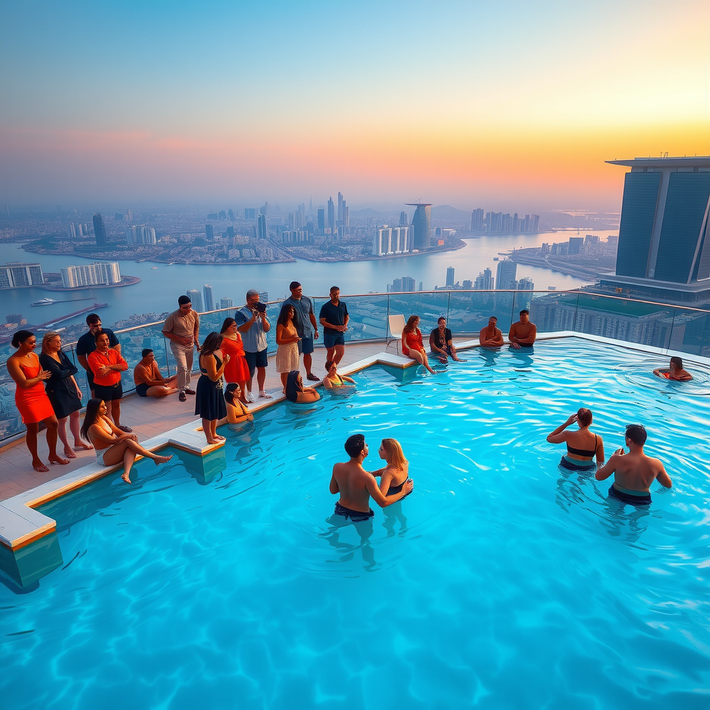 Large corporate group event at Sky Aura Pool with 150 guests enjoying the infinity swimming pool and premium facilities
