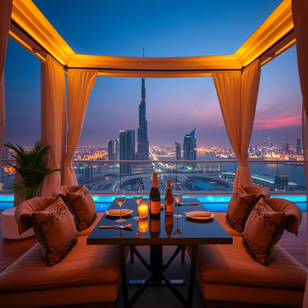 Evening ambiance of private cabana with soft golden lighting, elegant table setting, champagne service, and twilight sky over Dubai skyline from aura skypool dubai