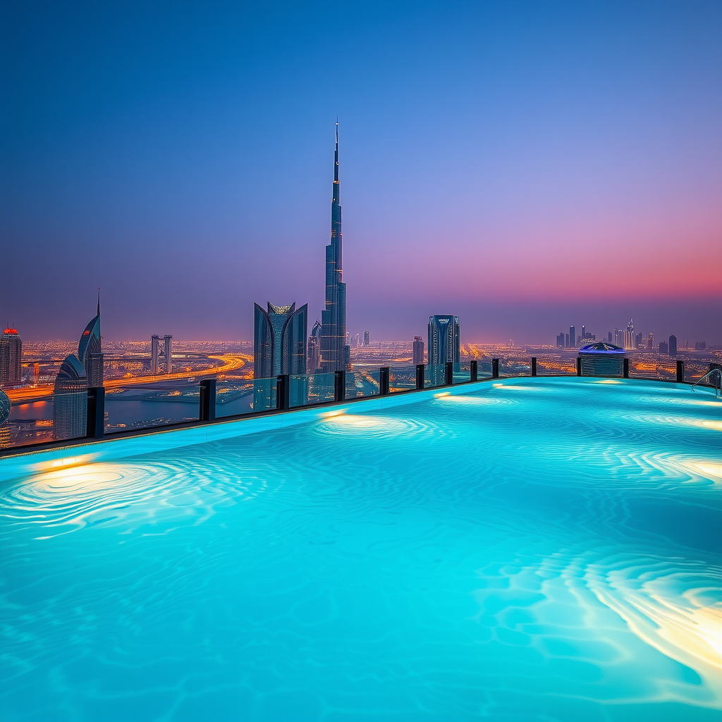Sky Aura Pool evening ambiance with beautifully illuminated infinity swimming pool and Dubai skyline at twilight