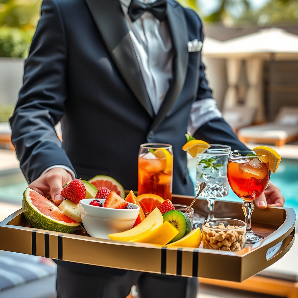 Close-up of butler presenting premium refreshments on elegant tray with fresh fruit, gourmet snacks, and chilled beverages in private cabana setting